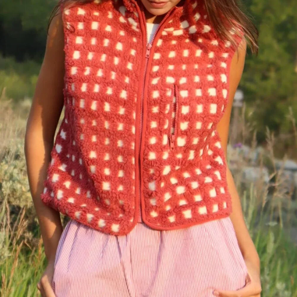 Womens Checkered Sherpa Vest Fleece Jacket Lightweight Zip Up Sleeveless Crochet